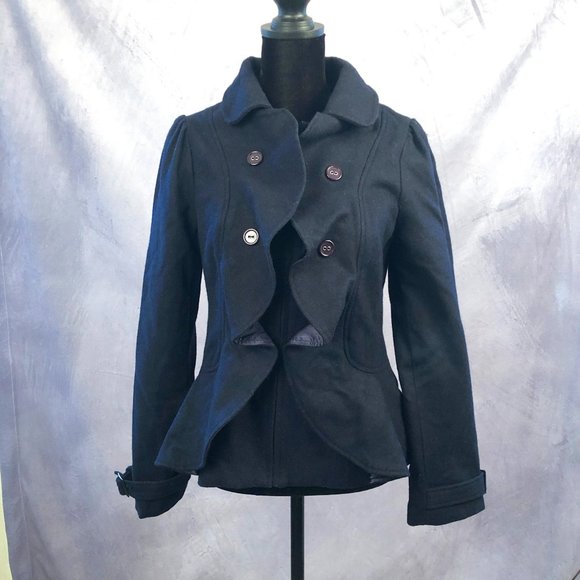 Navy Hip Length Ruffle Coat - Picture 1 of 4